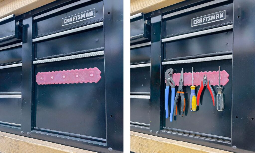 3d printed knife / tool holder attached on a workbench holding a bunch of different tools