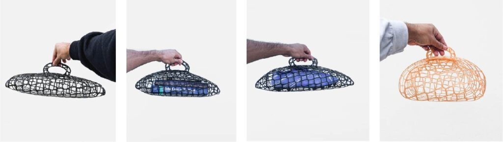 3d printed mesh bags in different color and carrying different things inside